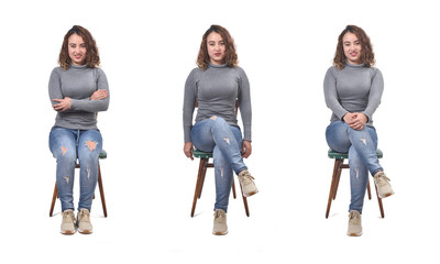 collage of a woman sitting on a chair in white background, front view,