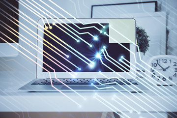 Technology theme drawing and work space with computer. Double exposure. Concept of innovation.