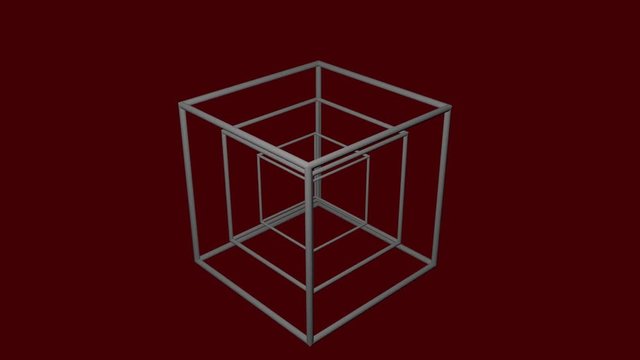 Metallic logotype composed of wireframe cubes rotating in different directions on dark red background. Loopable animation, animated abstract geometry of silver wire, FullHD 3d render