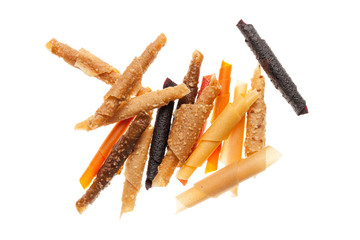 Fruit roll up bar, pastille isolated on white background. Healthy snack food, natural nutrition for kids.