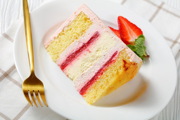 close-up of a slice of a pink strawberry cake