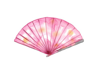 Watercolor hand drawn sketch illustration of pink fan isolated on white
