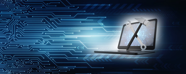  3d illustration Wrench and hammer on laptop, service concept 