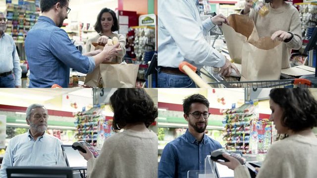 Collage of consumers paying bills and packing goods in store. Multiscreen montage, split screen collage. Shopping concept