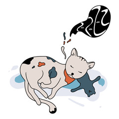 Cat sleeps on the floor with toy bear. Cute cartoon character for children's book and for design related to pet, animal, funny, love. Doodle style. Vector illustration.