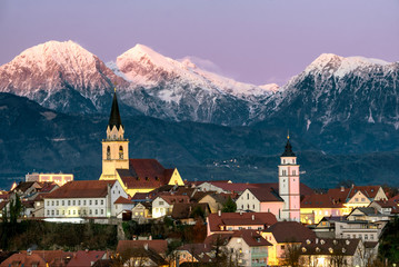 Fototapeta na wymiar Kranj City in Gorenjska of Slovenia during a winter sunset