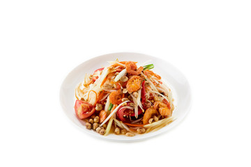 Spicy papaya salad northeast Thai food on white