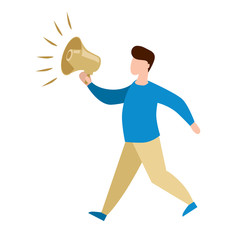  simple flat illustration of a boy, man with a bullhorn 