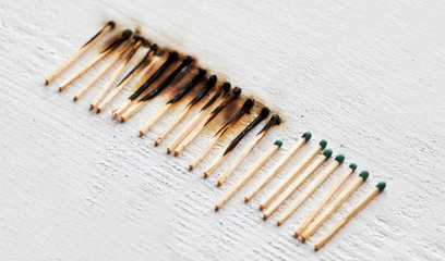 A lot of burnt matchsticks and one matchstick prevents following burning. Concept of stop spreading coronavirus and stay at home