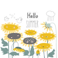 Cute cartoon smiling sunflowers. Flowers with smiley faces.