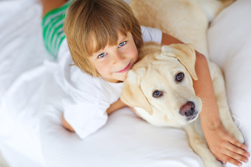 A child with a dog plays fun at home. A little boy with a labrador smiles and laughs.