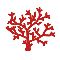 Red vector coral in doodle style, hand-drawn isolated on white background. Design elements on the marine and underwater theme