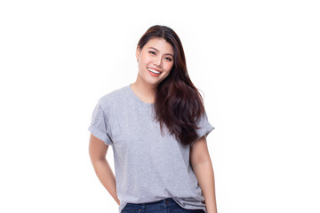 Fototapeta premium Image of feeling smile and happy. Cheerful young asian woman with brunette long hair in casual shirt smiling with teeth on white background. Female face expressions and emotions concept.