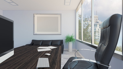 Large doctor’s office in a business center with a large window. Lawyer consulting.. 3D rendering. Empty paintings