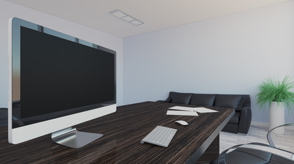 Large doctor’s office in a business center with a large window. Lawyer consulting.. 3D rendering