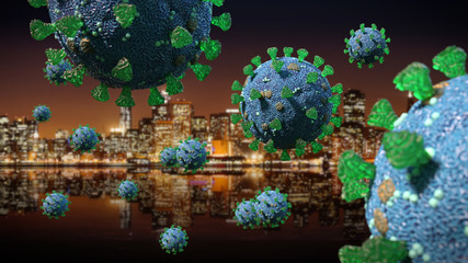 Coronavirus pandemic, Covid-19 outbreak, the health threatening virus moving flying towards a city