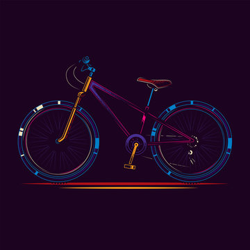 Original vector illustration in neon style. Sports bicycle with large wheels.