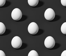 White chicken eggs on black seamless isometric background.