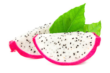 Sliced Ripe Dragon fruit with green leaves isolated on white background. Pitaya or Pitahaya