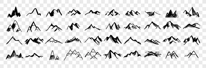 Foto op Plexiglas Sketch, hand drawn mountain peaks set collection © drawlab19