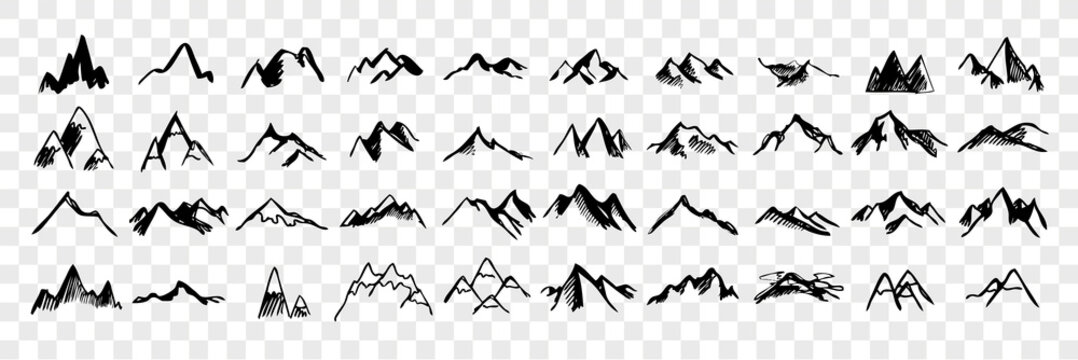 Sketch, hand drawn mountain peaks set collection