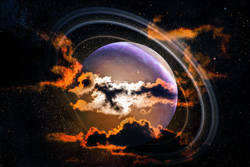 Alien landscape of dawn majestic clouds in the sky and moon with rings. Elements of this image furnished by NASA.
