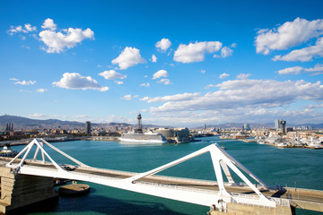 Fototapeta premium Panoramic view of Barcelona, Spain with Port on sunny day. Spanish harbour of famous city.