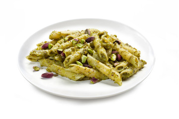 Pasta with Pistachios "Pesto" Sauce from Bronte - Isolated on White Background