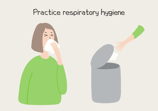 Coronavirus epidemic concept. Woman coughing in tissue and throwing it in bin, isolated. Hand drawn vector illustration. Poster, flyer. Flat style design. Covid-19 protection, prevention information.