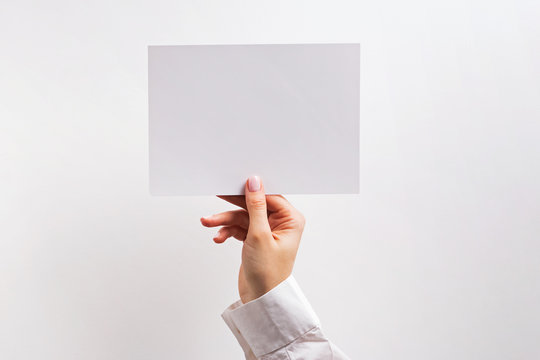 Woman's Hand Holding White Blank Paper Card