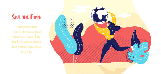 Cartoon girl in the mask with globe and plants on color background. Ecology vector banner in flat linear style.