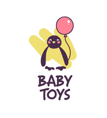 Logo design for kid toys store, market, boutique with cute penguin hold air balloon character silhouette isolated on white background. Baby accessories boutique emblem design. Vector flat illustration