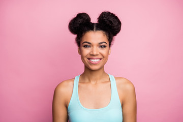 Close-up portrait of her she nice attractive lovely pretty cute charming glad cheerful cheery teenage wavy-haired girl wearing tanktop isolated over pink pastel color background