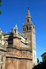 View of the Cathedral and Giralda Tower, Seville, Spain.