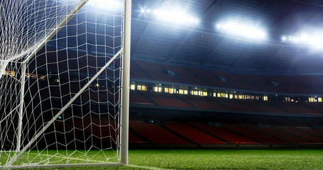 Fototapeta na wymiar Professional soccer stadium with empty tribunes. Stadium is made in 3D.