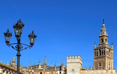 Fototapeta na wymiar Giralda Tower and ornate wrought iron lamppost, Seville, Spain.
