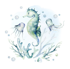 Set von Meerestieren. Blauer Aquarellozeanfisch, Schildkröte, Seepferdchenwal und Koralle. Shell-Aquarium-Hintergrund. Nautische marine handgemalte Illustration. © kris_art