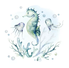 Set von Meerestieren. Blauer Aquarellozeanfisch, Schildkröte, Seepferdchenwal und Koralle. Shell-Aquarium-Hintergrund. Nautische marine handgemalte Illustration. © kris_art