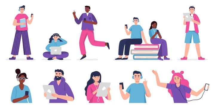 People listen to music, audiobook, podcast or language lessons. Set of vector Illustration people in modern flat style.