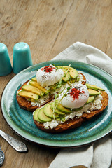 Trending food - avocado toast with ricotta, poached egg on rye bread in a ceramic plate on a wooden background. Healthy breakfast meal