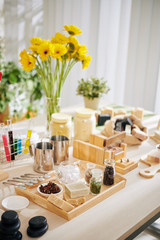 Ingredients for soap making - herbs, colorants and wooden molds