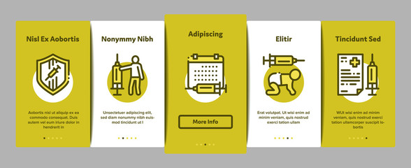 Fototapeta premium Vaccination Syringe Onboarding Mobile App Page Screen Vector. Healthcare Vaccination, Baby And Human Health Care Injection, Virus And Disease Research Color Contour Illustrations