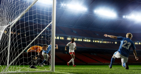 Tense game moment in front of the goal on the empty professional soccer stadium. No spectators on tribunes. Stadium is made in 3d.