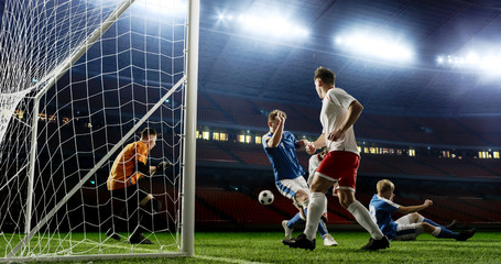 Tense game moment in front of the goal on the empty professional soccer stadium. No spectators on tribunes. Stadium is made in 3d.