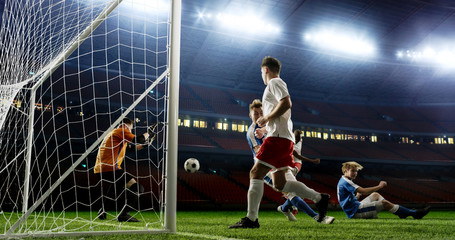 Tense game moment in front of the goal on the empty professional soccer stadium. No spectators on tribunes. Stadium is made in 3d.