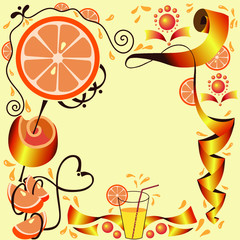 Illustration. Decorative frame with an orange pattern, curls, splashes on a yellow background. Vector graphics.