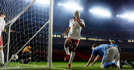 Tense game moment in front of the goal on the empty professional soccer stadium. No spectators on tribunes. Stadium is made in 3d.