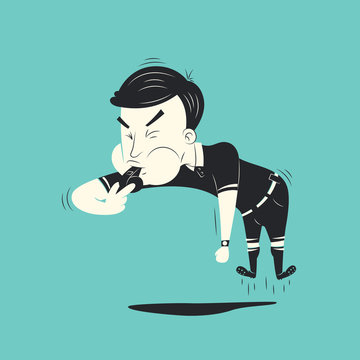 Soccer / Football poster in flat style. A Soccer referee blowing a whistle. Football action - foul, penalty or free kick.