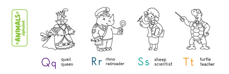 Animals professions alphabet or ABC. Coloring book