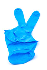 Blue latex glove with bent fingers like Victory symbol or letter V.